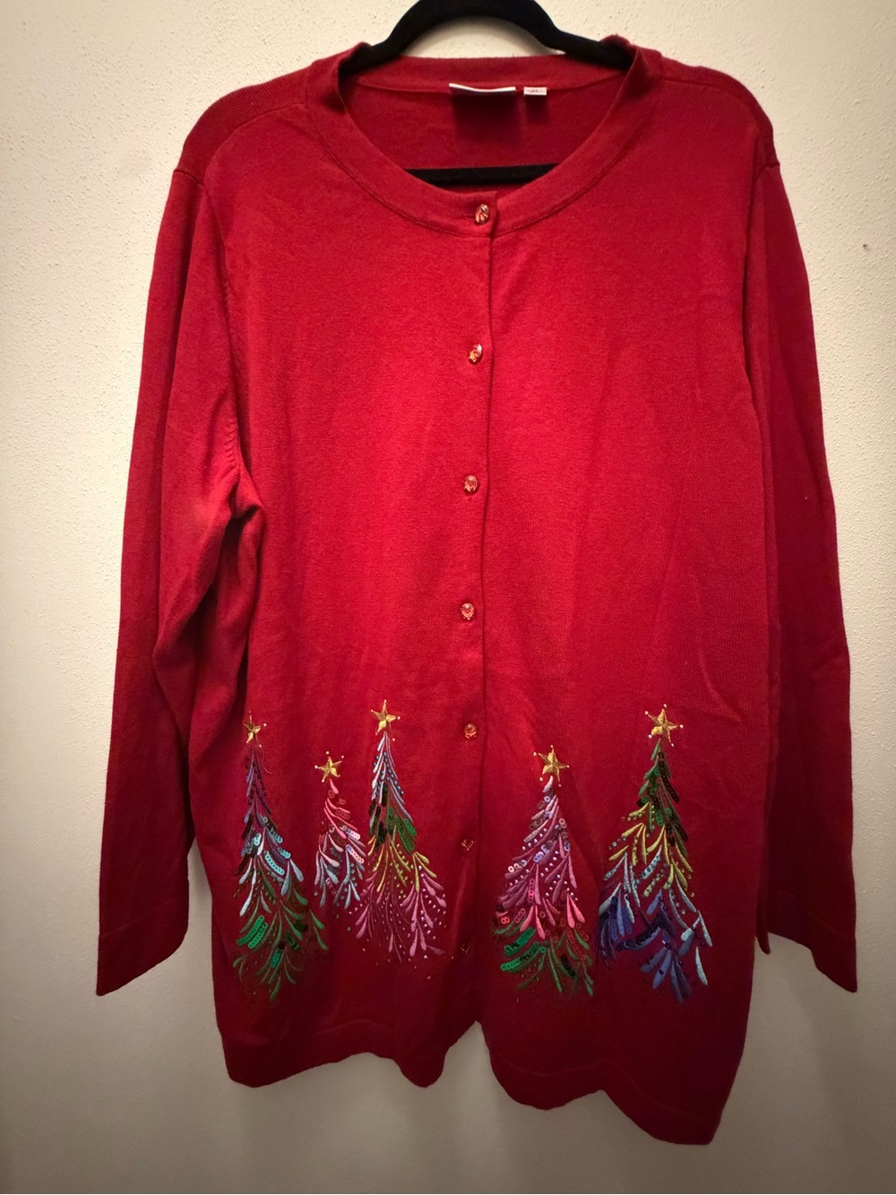 Women's Red Button-Front Cardigan with Embroidered Christmas Trees